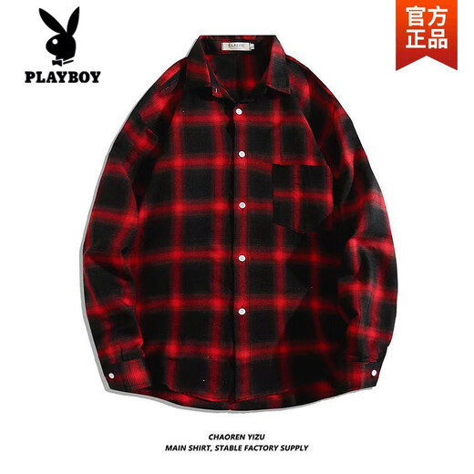 Playboy (Playboy) Schwarz-Weiß-Plaid-Shirt Männer koreanischer Stil Trend Frühling und Herbsthemd Lose Trendy Brand Casual Longleved Top Jacket Männer Sommer 6908 Red High Quality XL