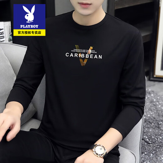 Playboy 2025 Frühlings- und Herbst-Langarm-T-Shirt T-Shirt Herrenmodell Modal Baumwolle Herbst Kleidung Schwarz Trendy Print Base Hemd Unterwäsche Top White (15123) m (geeignet für 95-115jin [Jin gleich 0,5 kg]))