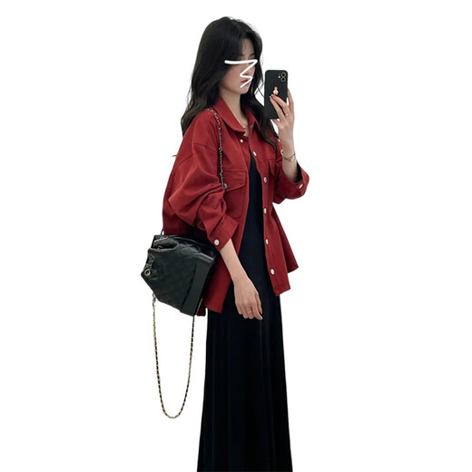 Yadaisiwei dress women's 2025 autumn new temperament outfit two-piece suit shirt suspender skirt spring and autumn red jacket + black dress L (recommended 100-120Jin Jin equals 0.5 kg)