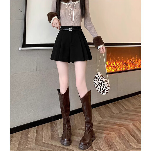 Hao'e black pleated woolen shorts for women in spring and autumn, versatile boot pants, high waisted, a-line, wide-leg casual pants, slimming, black without belt, L recommended 110-120 Jin Jin equals 0.5 kg