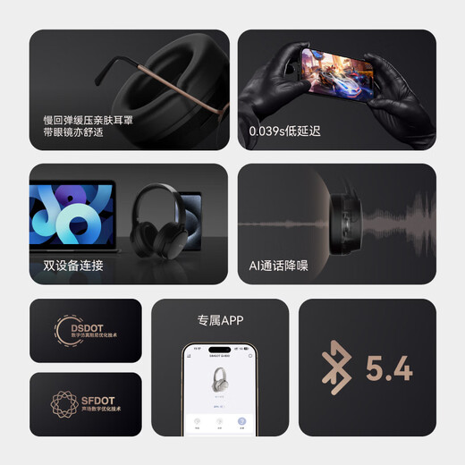 Xingge (SIMGOT) Kongyu EH500 Deep ANC Active Noise Cancellation Head-mounted Bluetooth Headphones 5.4 Double Gold Label HIFI High Quality High Resolution Foldable Gray Feather White