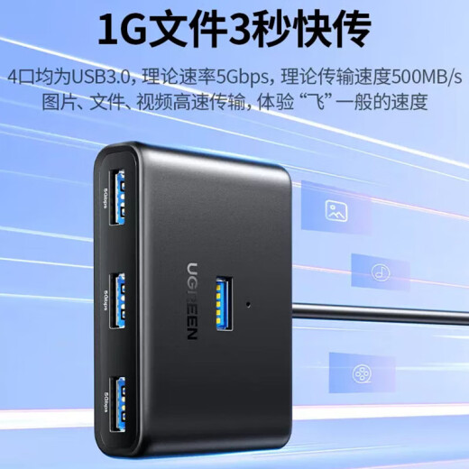 绿联（UGREEN） USB-C分线器 高速拓展4口3.0HUB集线器延长线 电脑一拖四扩展坞转换器 0.5米USB3.0【方形黑新款】/15696