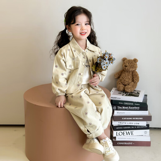 La tarjeta de la tarjeta es para el traje de niñas primavera y otoño 2025 ropa nueva para niños de la chaqueta de trabajo casual de la niña de la niña de dos piezas de dos piezas de loto rosa rosa y traje de otoño de 110 cm recomendado para 3-4 años (aproximadamente 105 altura)