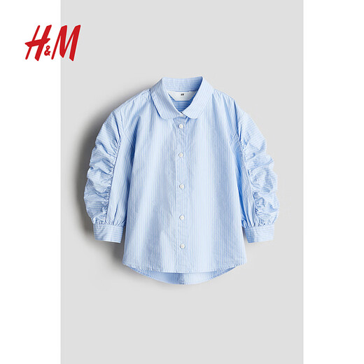 H&M Spring Children's Clothing Children's Girls Soft Striped Lantern Sleeve Cotton Shirt 1268343 Light Blue/Stripes 90 90/52 (1.5-2Y)
