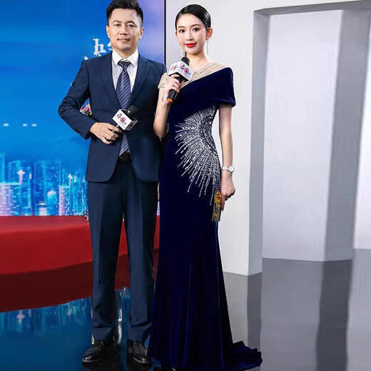 Xiaohanlu host dress female high-end blue velvet evening dignified atmosphere annual meeting fishtail skirt niche bel canto solo performance sapphire blue XL