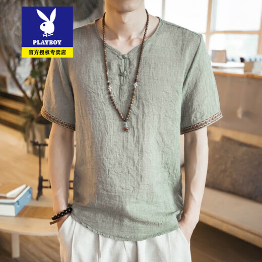 
Playboy Tang suit men short-sleeved men summer thin youth Chinese style retro buckle half-sleeved T-shirt Chinese style ancient style men's clothing 686 meters white M Reference 85-100Jin [Jin equals 0.5 kg]