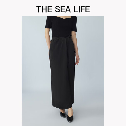 THE SEA LIFE半裙女欧海一生 冰丝半身裙2025春开衩松紧腰黑色长裙XC15265 黑法师 L