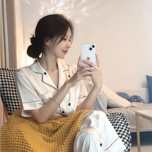 港莲娅冰丝睡衣女春秋款爱心新款家居服秋季女士感大码套装宽松夏季 高品质-f-9905短袖长裤 M  建议80-100斤