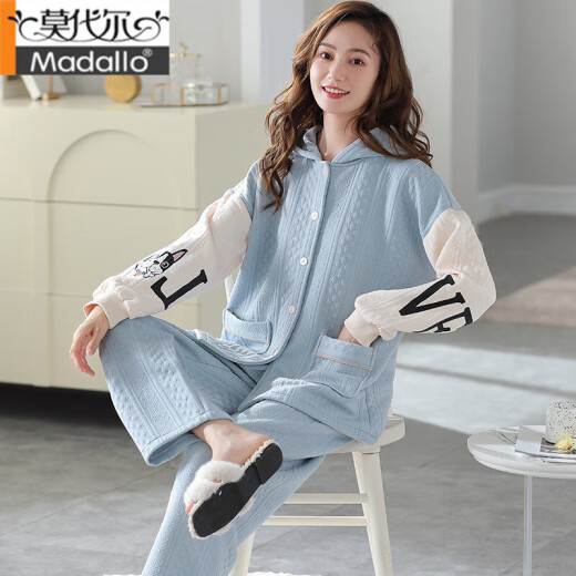 莫代尔睡衣女春秋空气夹层加厚长袖纯棉开衫薄夹棉女式家居服套装 XP4839 XL