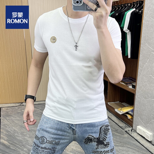罗蒙（ROMON）短袖t恤男士圆领冰丝2025夏季新款修身个性刺绣烫钻欧货丝光棉潮 724闪电R白色 XL