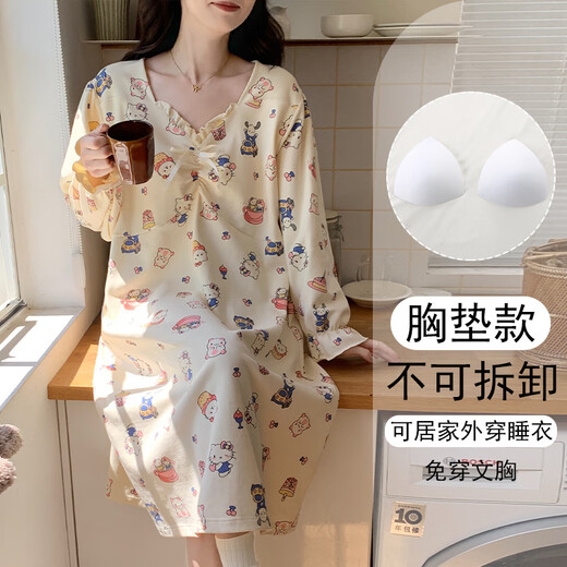 猫人春秋季天2025新款长袖卡通女士睡裙带胸垫一体大码睡衣孕妇家居服 16857 不带胸垫 (建议体重80-100斤) M
