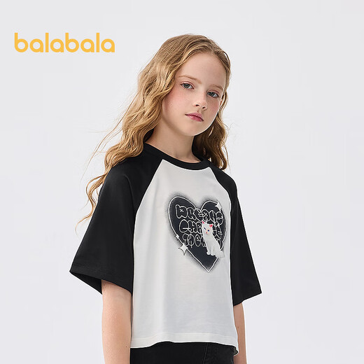 Balabala children's clothing children's short-sleeved girls summer T-shirt big children's quick-drying printed top contrasting color sweet cool cute black 90001 165
