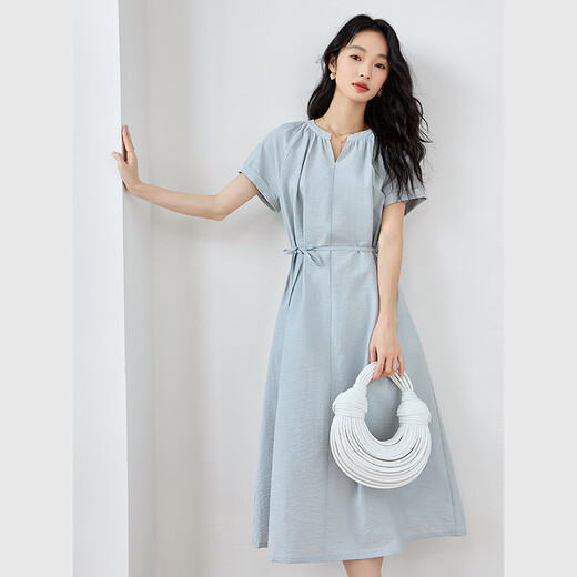 Vanciman light blue French V-neck dress for women 2025 summer new waistband lace slim casual long skirt M9733 light blue L