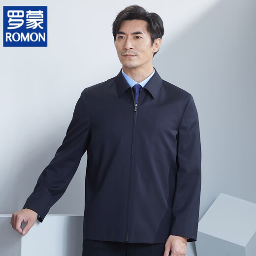 罗蒙（ROMON）春秋精纺羊毛含桑蚕丝夹克男行政正装开会上班商政茄克男外套 藏青色羊毛JT6218-1 L 175/92A