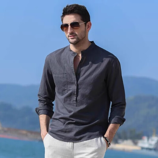 Kazuki Kuraishi Kazuki high-end cotton and linen Henry collar shirt men's trendy brand 2025 summer new stand-up collar long-sleeved T-shirt spring and autumn dark gray XL
