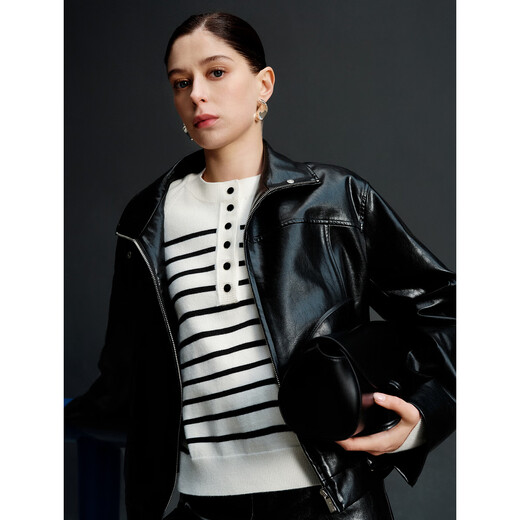 ELLE French modern short leather jacket for women 2025 spring new fashionable PU leather design chic top black L