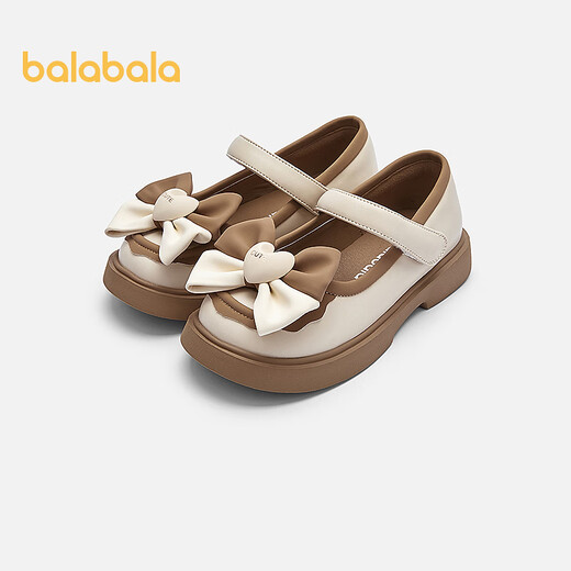 Balabala children's shoes, children's casual shoes, girls' spring and autumn fashion contrasting color bow princess shoes, British style leather shoes, off-white 10301 27 (foot length 16.3-16.7/inner length 17.7)