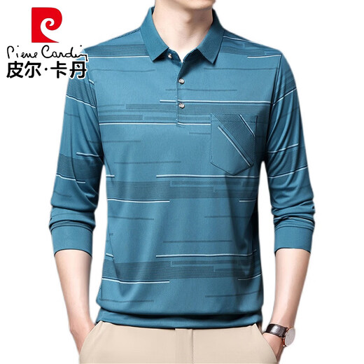 皮尔卡丹（pierre cardin）夏季冰丝男士t恤长袖春秋新款中老年休闲男装薄款爸爸有兜体恤衫 B753横条 蓝色 4XL 190/130/58
