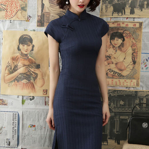 Lekali cheongsam, new Chinese style women's clothing, sexy improved mother's dress, long skirt, retro Republic of China style etiquette photo shoot, cheongsam, navy blue M, about 110