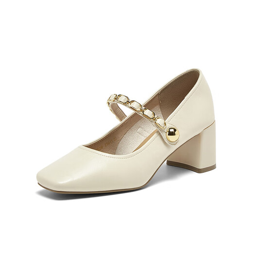Best Picture 25 Spring Fashionable Retro Mary Jane Shoes Thick High Heels Square Toe Women's Shoes F1509AQ5 Beige 37