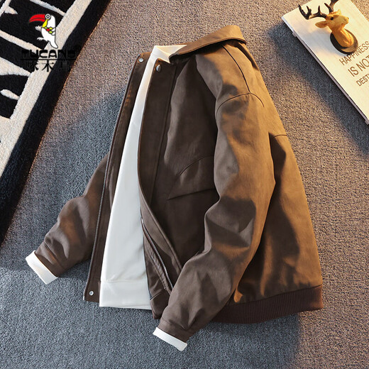 Woodpecker's new Maillard style American retro leather jacket for men 2025 new handsome loose pu lapel jacket coffee color XL