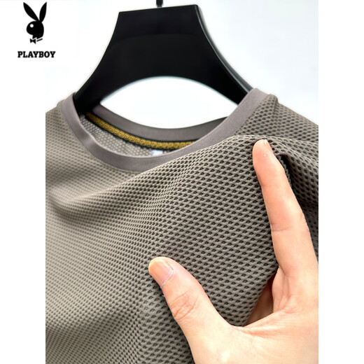 Playboy (Playboy) Ice Silk Mesh T-Shirt Herren kurzärmelige runde Hals Sommer-Eissensen-atmungsaktives schweißtreibendes schnell trocknendem Übungskörperhemd Top D6188 Brown M.
