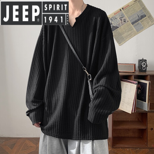 JEEP SPIRIT light luxury white striped collar long-sleeved shirt men's heavy loose American Henry collar bottoming shirt white M