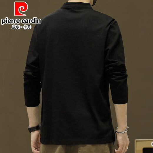 Pierre Cardin Casual Stand Collar Long Sleeve T-Shirt Men's Spring Thin Tops Plus Velvet Casual Henley Collar Polo Bottoming Shirt 56119 Brown Style Regular 2XL About 140-155Jin Jin is equal to 0.5 kg