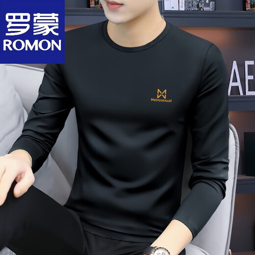 Luo Meng 2025 New Spring and Autumn Thin Long Sleeve T-Shirt Men's Slim Autumn Bottoming Shirt Round Neck Underwear Top Black 355 Long Sleeves 2XL Recommended 135-150 Jin Jin equals 0.5 kg