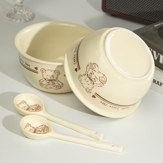 Cute rice bowl with spoon for home small cute pets food bowl eating bowl dormitory dessert bowl couple style bowls and plates tableware little lazy bear one bowl and one spoon