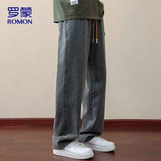 
ROMON jeans men's summer loose casual pants men's straight wide-leg pants men's trousers trendy dark gray XL