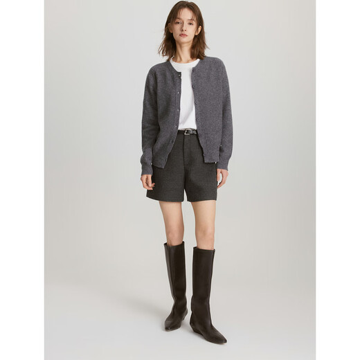 ELLE 100% sheep wool simple temperament wool sweater for women 2025 autumn new round neck sweater cardigan dark gray M