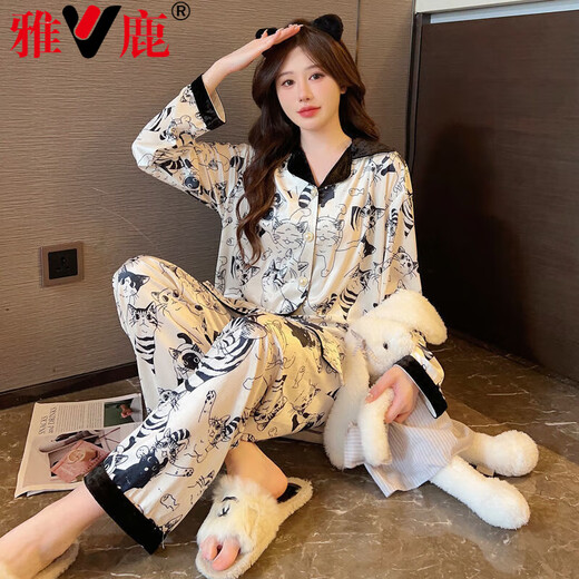雅鹿金丝绒睡衣女春秋款冬季长袖开衫卡通猫咪感家居服可外穿ins 9905条纹 2XL 建议135-150斤