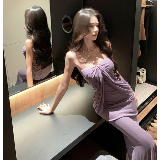 艾莫克感紫色抹胸连衣裙御姐气质设计感假两件包臀裙旅游酒会穿搭 紫色 S