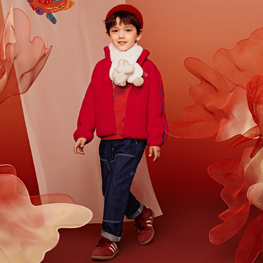 Mini Bala Red Jacket Antistatic Warm Plush Jacket for Boys and Girls New Autumn Chinese Red 110 cm