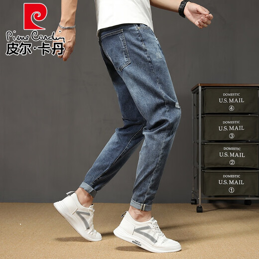 皮尔卡丹（pierre cardin）烟灰色牛仔裤男秋季2025新款弹力宽松休闲春秋修身小脚九分裤男士 6621黑色长裤 29 (推荐105-115斤)