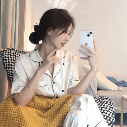 港莲娅冰丝睡衣女春秋款爱心新款家居服秋季女士感大码套装宽松夏季 高品质-f-9905短袖长裤 M  建议80-100斤