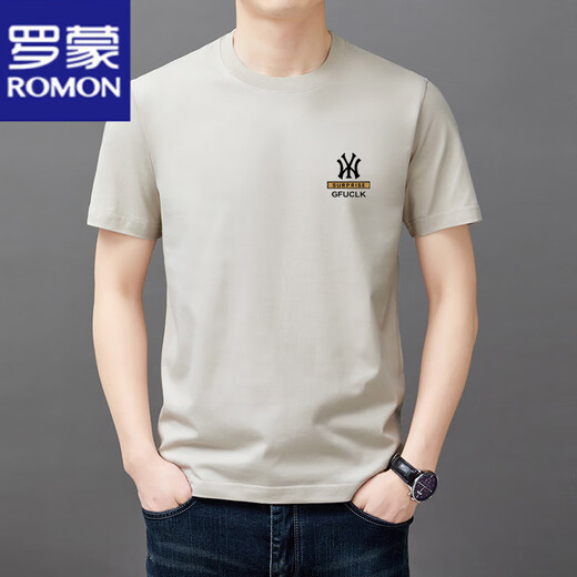 罗蒙（ROMON）男士短袖t恤纯棉圆领半袖上衣2025夏季薄款休闲时尚凉感体恤衫男 短袖YW9929驼色 M 165建议90-120斤