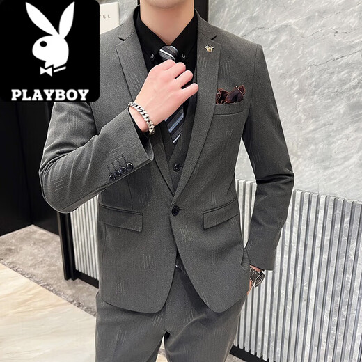 Playboy (PLAYBOY) men's suit suit Korean version slim fit groom wedding formal dress casual British iron-free suit jacket 1818 light gray suit + pants + vest XL recommended 120-135 Jin Jin equals 0.5 kg