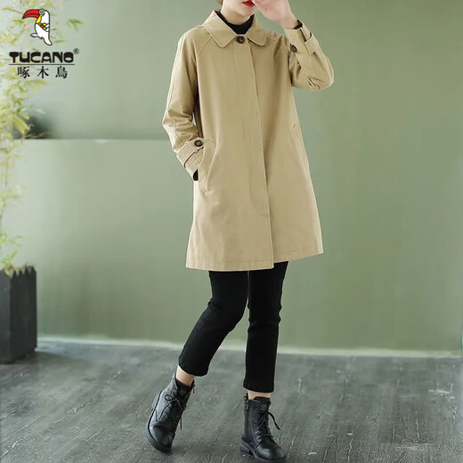 Woodpecker Washed Pure Cotton Windbreaker Women's Medium Long Korean Style Large D Size Loose Cape Coat Spring and Autumn Slim Thin Jacket Khaki XL Recommended 125--135Jin Jin is equal to 0.5 kg