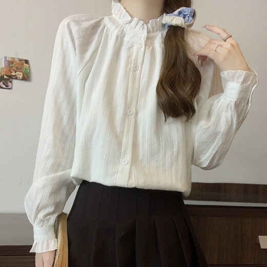 Hao'e French sweet white shirt for women with stand-up collar and earrings spring and autumn long-sleeved tops Japanese layered lace shirt as base stand-up collar and earrings white shirt M