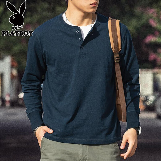 Playboy American Retro Henley Long Sleeve T-Shirt Men's 2025 Spring 250g Pure Cotton Side Seamless Henley Collar Bottoming Shirt Denim Blue 250g Pure Cotton M Reference 125-140Jin Jin is equal to 0.5 kg
