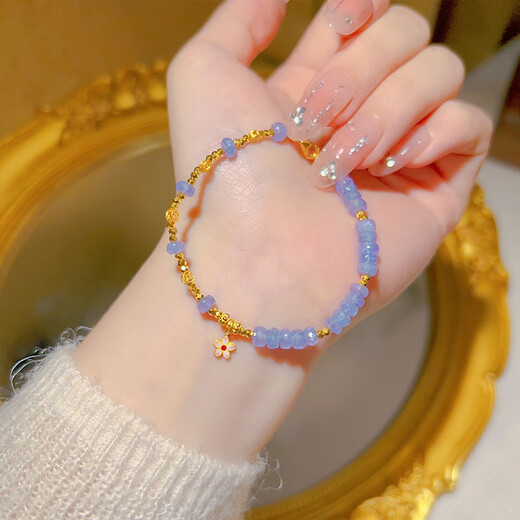 Shiyi gold tanzanite amethyst bouncy bead small flower bracelet for women burnt blue craft flash broken gold light luxury bracelet burnt blue tanzanite bracelet