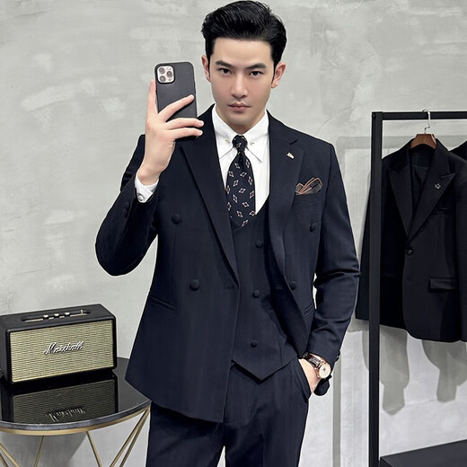 Jessons Herren-Doppelbrust gestreifter Anzug Bräutigam Hochzeitskleider Business Casual Work Work-Interview Anzug Dreiköpfig dunkelblau (Anzug + Hemd + Weste + Hose) 5xl (175-190jin [Jin gleich 0,5 kg])