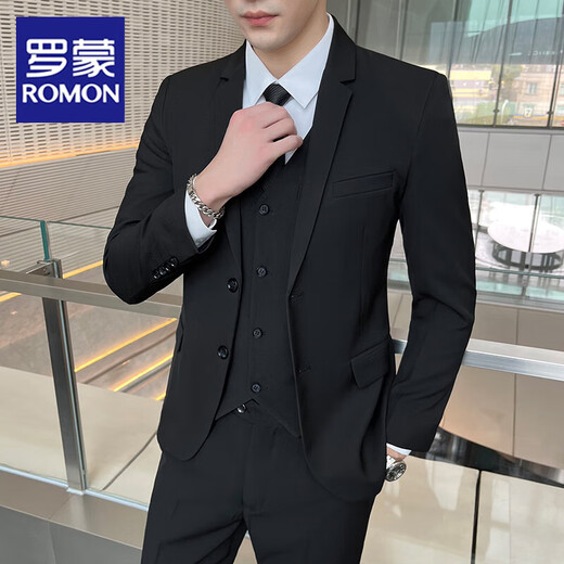 Romon suit men's Korean style slim coat groom wedding dress business formal casual small suit men black two-button suit XL