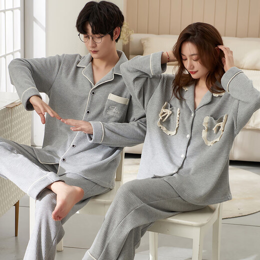 Clolv Kissck Sports Couple de pyjamas printemps et automne un homme et une femme Waffle à deux pièces peuvent être portés à l'extérieur de la maison QH-9855 # [Waffle] Suisse de revers m Femme + mâle L L