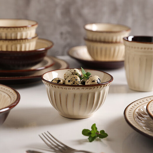 Sheli high-end embossed ceramic tableware retro household light luxury rice bowl dinner plate Western dinner plate gift box housewarming gift