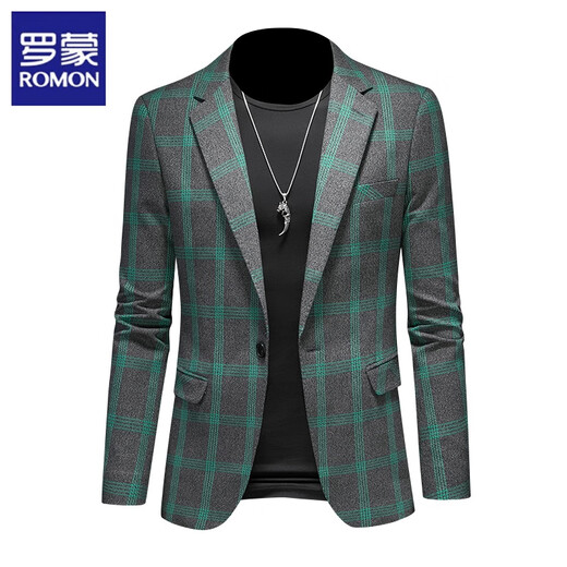 Romon European and American casual blazer men's new large size casual suit suit slim and handsome plaid gray green S