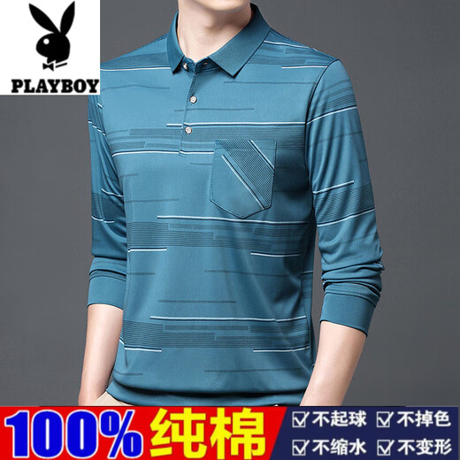 Playboy Summer Pure Cotton Herren T-Shirt Langarm Frühling und Herbst neuer Stil mittleren Alters mittleren Alters und älteren Gelegenheitsmännungen Dünner Dach-Taschen-T-Shirt B753 Horizontaler Streifen Blau L 170/110/50