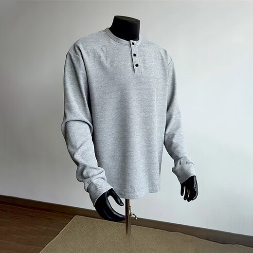 Si Yan high-end gray American cleanfit Henry shirt men's waffle long-sleeved T-shirt right shoulder small neckline bottoming sweatshirt black XL135-150Jin Jin equals 0.5 kg one size